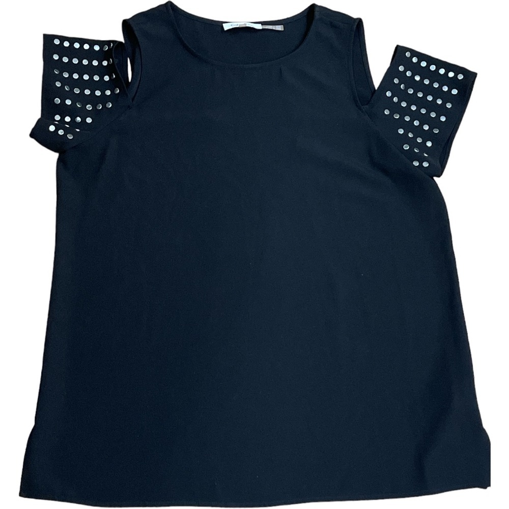 🐇 CALVIN KLIEN black silver studded cold shoulder top size medium